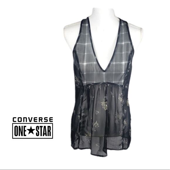 Converse Black Sheer Mixed Plaid Floral Sleeveless Top - small - Picture 1 of 5
